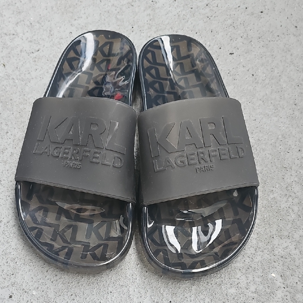 Karl Lagerfeld Paris Womens Taylin Black Monogram Slides~Size 8.5